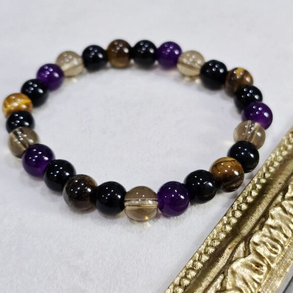 Aura Shield ✦ Tigers Eye Amethyst Hematite Bracelet ✦ 8mm Crystal Bead Stretch - Picture 7 of 9